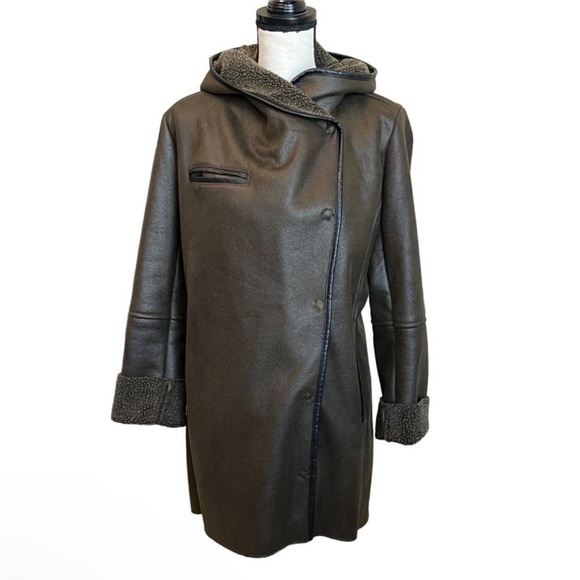 Sam Edelman Sydney Hooded Faux Leather Shearling Brown Coat Medium - Picture 8 of 14